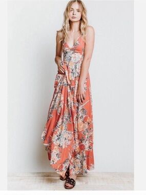 Free People Through The Vine Feminine Mixed Floral Print Flowy Maxi Dress Small